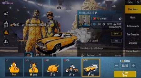 sports car (popularity) in PUBG Mobile 