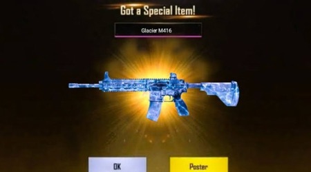 M416 Glacier Skin unlocked in PUBG Mobile showing rare ice-themed weapon skin reward