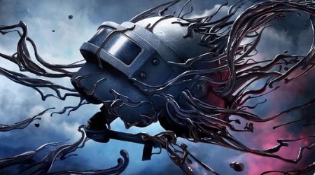 PUBG Mobile x Venom collaboration artwork showing a PUBG helmet being overtaken by Venom’s black symbiote tendrils against a dark sky, symbolizing the fusion of PUBG with the iconic Marvel character Venom