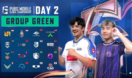 PUBG Mobile Global Championship (PMGC) 2024 Group Green Day 2, featuring team logos and players from Group Green, including highlights of top contenders