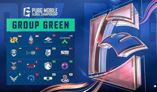 PUBG Mobile Global Championship 2024 Group Green team lineup. Features logos of 16 teams participating in Group Green, displayed with a 'Group Green' header and PMGC logo on a blue background.