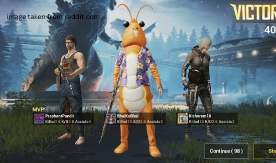 PUBG Mobile match results showing three players with unique outfits, including a lobster costume, along with their kills and assists.