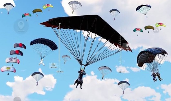 A group of PUBG Mobile players descending with parachutes against a bright blue sky, showcasing the intense start of a battle royale match.