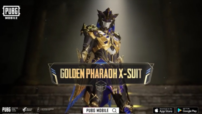 A detailed view of the Golden Pharaoh X-Suit in PUBG Mobile, showcasing its intricate gold and blue design with an ancient Egyptian-inspired look.