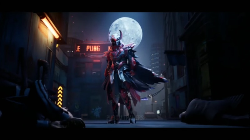 A striking image of the Blood Raven X-Suit in PUBG Mobile, set against a full moon backdrop in a futuristic urban alley, highlighting its powerful and menacing design.