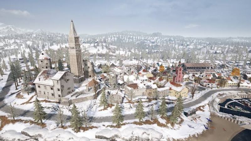 image featuring a location in Vikendi map of PUBG Mobile with buildings surrounded by snow. 